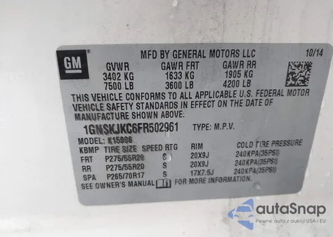 2015 Chevrolet Suburban 1500 Lt from USA, damaged, VIN 1GNSKJKC6FR502961